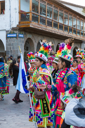 Cusco, Peru - May 13: Native people of Cusco dressed in colorful clothing in a religious celebration for Nuestra SeÃ±ora de Fatima. May 13 2016, Cusco Peru.のeditorial素材