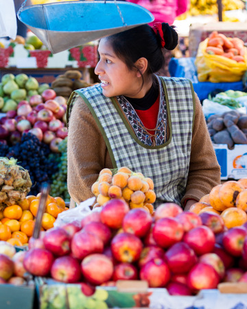 Pisac, Peru - May 15: Fresh produce for sale by native Quechua people at the Pisac Market. May 15 2016, Pisac Peru.のeditorial素材