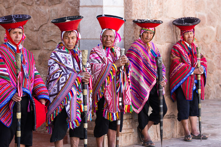 Pisac, Peru - May 15: Quechua elders in traditional clothing in a small ceremony in the Pisac Market. May 15 2016, Pisac Peru.のeditorial素材
