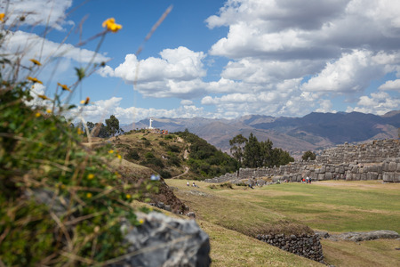 Cusco, Peru - May 14 : view of the Cristo Rey statue in Cusco from the ancient site of Saqsaywaman. May 14 2016, Cusco Peru.のeditorial素材