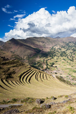 ingenious use of space by creating terraces down a steep mountain and using them as farming terracesの写真素材