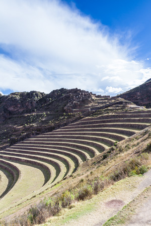 ingenious use of space by creating terraces down a steep mountain and using them as farming terracesの写真素材