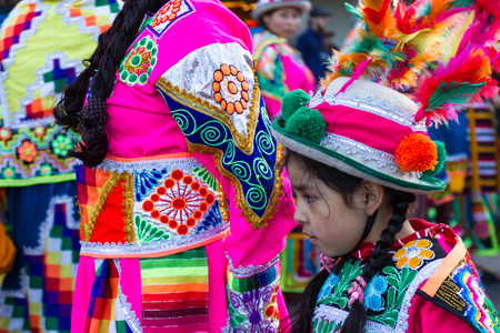 Cusco, Peru - May 13: Native people of Cusco dressed in colorful clothing in a religious celebration for Nuestra SeÃ±ora de Fatima. May 13 2016, Cusco Peru.のeditorial素材