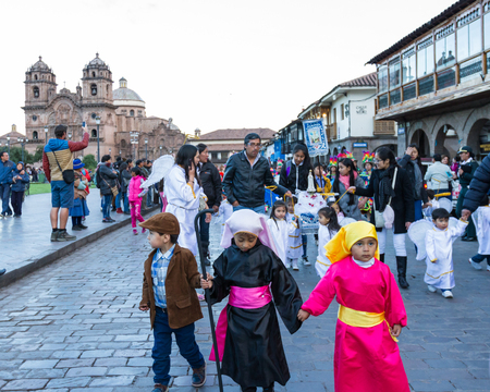 Cusco, Peru - May 13: Native people of Cusco dressed in colorful clothing in a religious celebration for Nuestra SeÃ±ora de Fatima. May 13 2016, Cusco Peru.のeditorial素材