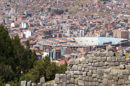 Cusco, Peru - May 14 : View of the soccer stadium in Cusco from the ancient site of Saqsaywaman. May 14 2016, Cusco Peru.のeditorial素材