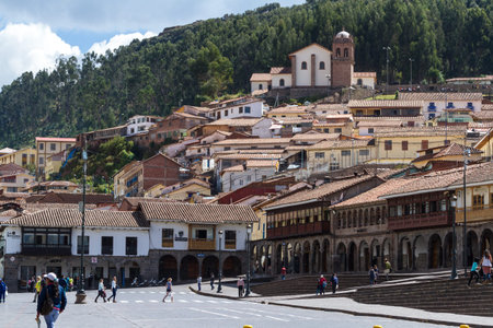 Cusco, Peru - May 14 : beautiful architecture and detail in the city of Cusco leading up to a hilltop church. May 14 2016, Cusco Peru.のeditorial素材