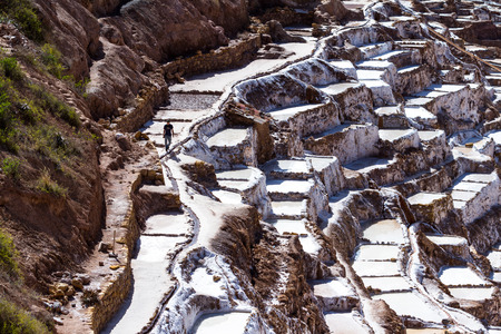 Maras Peru -May 18 : Tourists walking exploring the salt ponds in Maras Peru. May 18 2016, Maras Peru.のeditorial素材