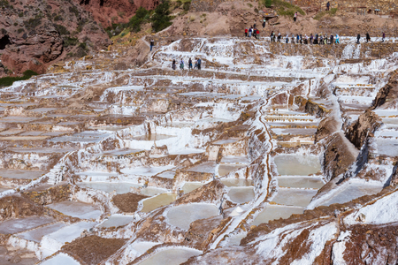 Maras Peru: Tourists walking exploring the salt ponds in Maras Peru.の写真素材
