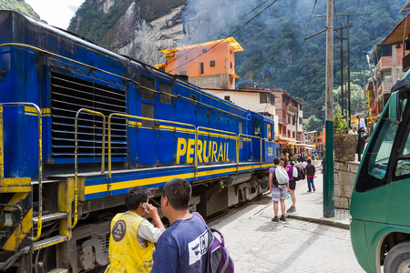 Machu Pichu, Peru - May 17 : Train traveling bringing goods and tourists to the city of Aguas Clientes or Machu Pichu. May 17 2016, Machu Pichu Peru.のeditorial素材