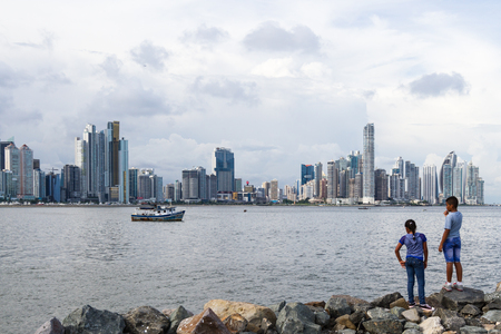 Panama City, Panama- June 08: young children enjoying a beautiful view go the City. June 08 2016, Panama City, Panama.のeditorial素材