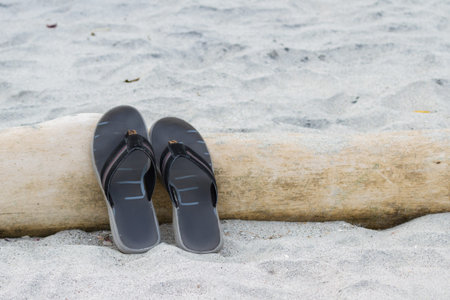 close up of a pair of flip flops resting on a log on a sandy beach in Panama