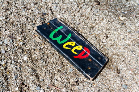 piece of drift wood with rusty nails and the word weed painted on it found in the pacific coast of...