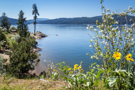 Coeur d' Alene, Idaho - April 20: Kayakers and boaters enjoying beautiful summer day, photo taken form Tubs Hill. April 20 2016 Coeur d' Alene, Idaho.のeditorial素材