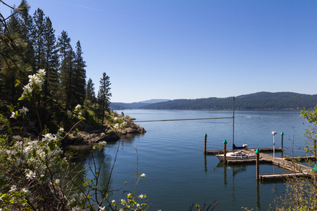 Coeur d' Alene, Idaho - April 20: View of the lake from a trail in Tubs Hill a popular hiking spot in this beautiful summer destination. April 20 2016 Coeur d' Alene, Idaho.のeditorial素材