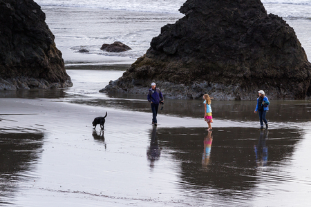 Meyers Beach, Oregon - October 27: young family enjoying a beautiful afternoon on the Oregon coast. October 27 2016, Meyers Beach, Oregon.のeditorial素材