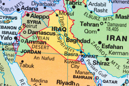 close up of a world map with the country of Iraq in focusの写真素材