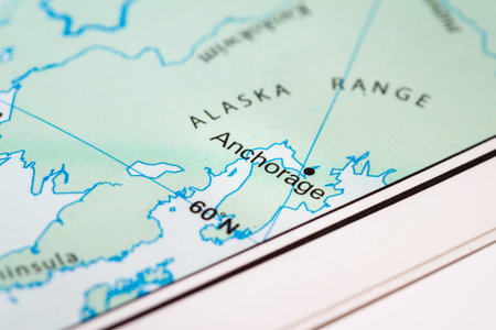 close up of a world map with Anchorage,  a section of Alaska in focusの写真素材