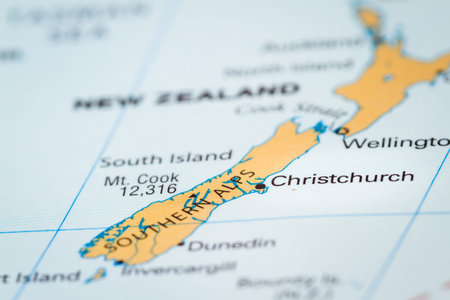 World map with the country of New Zealand in focusの写真素材