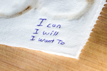 hand written note on a coffee stained napkin with an empowering message, I can I will I want to.の写真素材