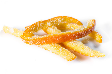macro image of home made candied orange peel with large sugar granulesの写真素材
