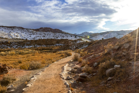 Hiking trail to Delicate Arch with amazing landscape views in Arches National Park
