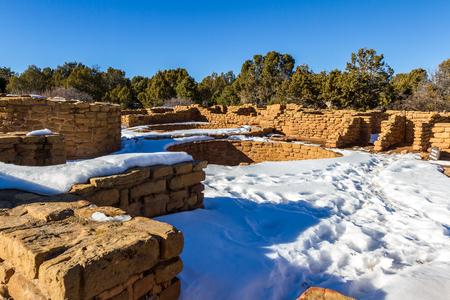 Architectural skills showing thick walls and double coursed stone built by the Anasazi people around the year AD 1000. Seen here in Mesa Verde National Parkの写真素材
