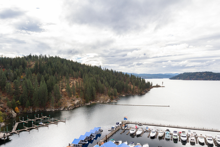 CDA, Idaho - September 09: View of the Boardwalk Marina from the 17th floor of the resort. September 09 2018, CDA, Idahoのeditorial素材