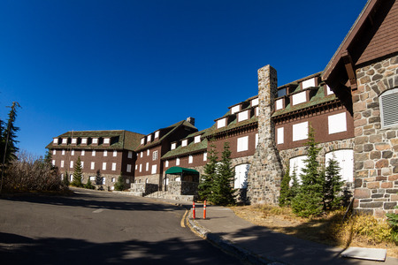 Crater Lake NP, Oregon - October 18: Crater Lake Lodge closing for winter with windows boarded up for the season. October 18, Crater Lake NP, Oregon.のeditorial素材