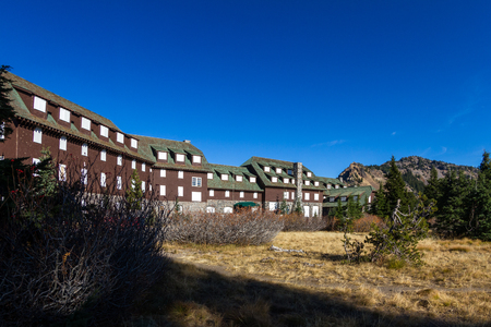 Crater Lake NP, Oregon - October 18: Crater Lake Lodge closing for winter with windows boarded up for the season. October 18, Crater Lake NP, Oregon.のeditorial素材