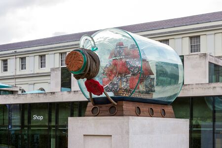 London  - September 06 2019: Replica of Nelson's HMS Victory in a bottle on display at the National Maritime Museum in Greenwich. Art by Yinka Shonibare, London September 06,  2019のeditorial素材