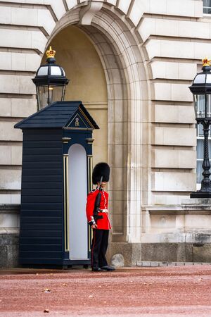 London  - September 06 2019: Close up of a Queens Guard at Buckingham Palace, London September 06,  2019のeditorial素材