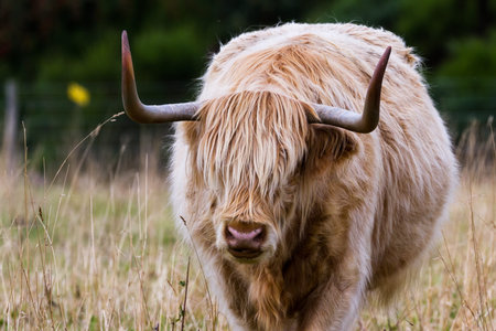 Close up of a light brown highland cow feeding on green grass near the Culloden Battlefield in the Scottish Highlandsの写真素材