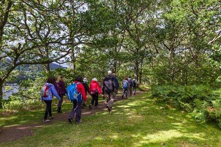 Perthshire Scotland  - September 11 2019: Tour Group walking in the Faskally Forest in the Scottish Highlands, UK September 11,  2019のeditorial素材