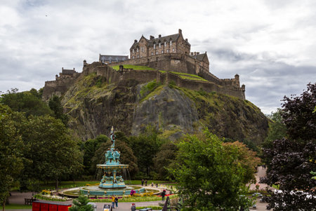 Edinburgh Scotland  - September 13 2019: Ross Fountain with Edinburgh Castle in the background from...