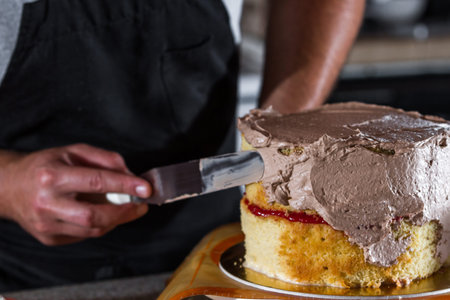 close up of the process of adding chocolate frosting to a birthday cake
