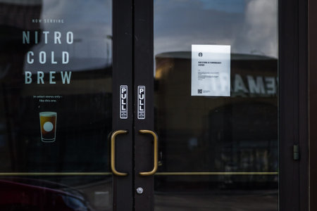 Medford, Oregon / USA - March 26 2020: Starbucks drive thru closed late march during the COVID19...