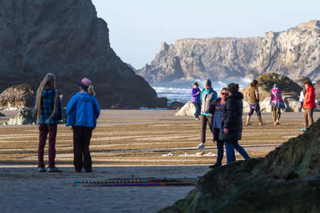 Bandon by the Sea, Oregon / USA - February 20 2020: People walking a labyrinth on the beach made by the team of Circles in the Sand in Bandon, Oregonのeditorial素材