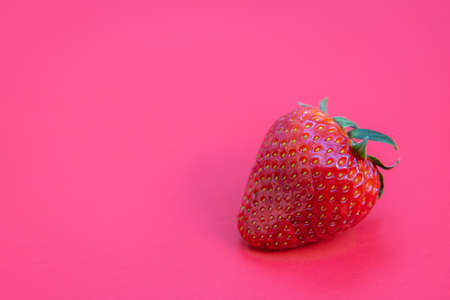 Single ripe red strawberry isolated on a red backgroundの写真素材