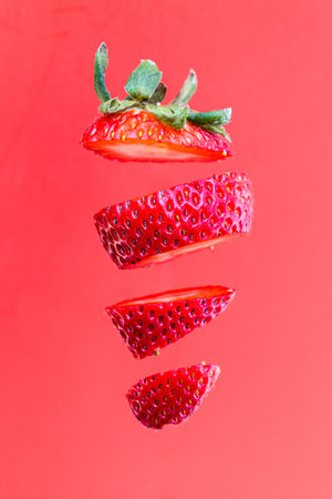 Close up of a sliced strawberry floating over a red background