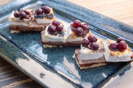 Delicious huckleberry beef stores with toasted marshmallows with melted chocolate and a huckleberry sauce served outdoorsの写真素材