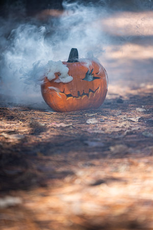 close up of a carved pumpkin for halloween with smoke coming out of the cut outs in a natural spooky forest settingの写真素材