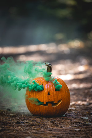 close up of a carved pumpkin for halloween with smoke coming out of the cut outs in a natural spooky forest settingの写真素材