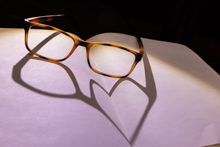 Heart shape shadow on an open book from a pair of backlit eye glassesの写真素材