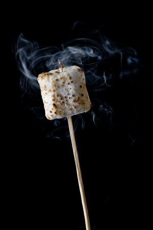 Close up of a smoking and roasting marshmallow on a stick isolated on a black backgroundの写真素材