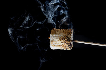 Close up of a smoking and roasting marshmallow on a stick isolated on a black background