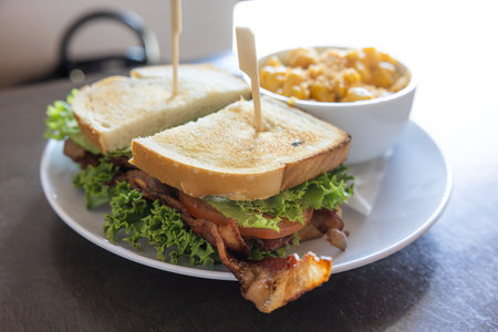 A BLT sandwich with bacon, lettuce and tomato sits on a white plate next to a bowl of macaroni and...