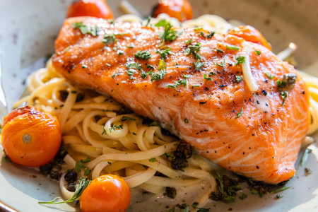 A plate of pasta with a piece of salmon on top. The salmon is seasoned with herbs and spices. The pasta is cooked and served in a bowl. The dish looks delicious and appetizingの写真素材