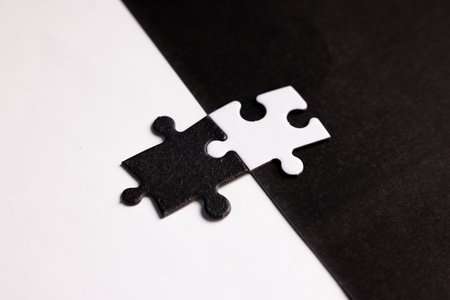 Opposite day concept using white and black puzzle pieces with oposite background color. Similar to a yin yang symbol.の写真素材