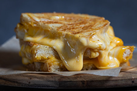 Grilled Cheese with melting cheese dripping from the inside. The sandwich is cut in half and placed on a wooden cutting boardの写真素材