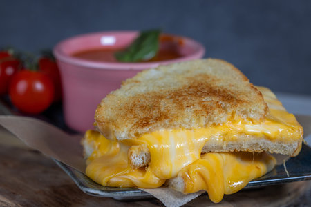A grilled Cheese sandwich with a side of tomato soup. The sandwich is cut in half and the cheese is meltedの写真素材